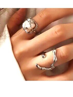 Ornate 2pc Ring Set Pearl Adjustable Modern Boho Glam Style Fab Unique Hollywood